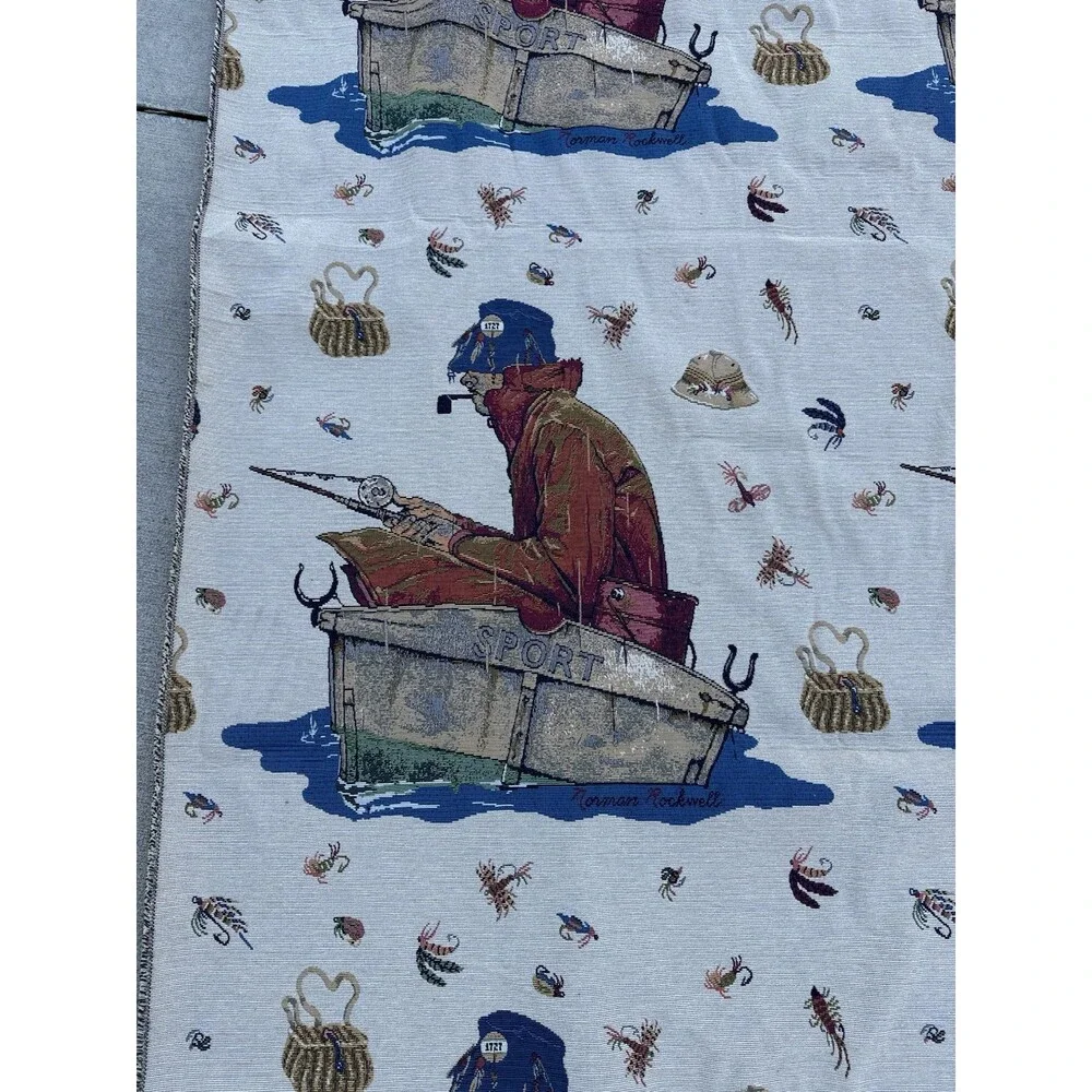 Norman Rockwell Vintage Fabric 4.5ft x 32ft Fishing Tapestry Yardage Textile